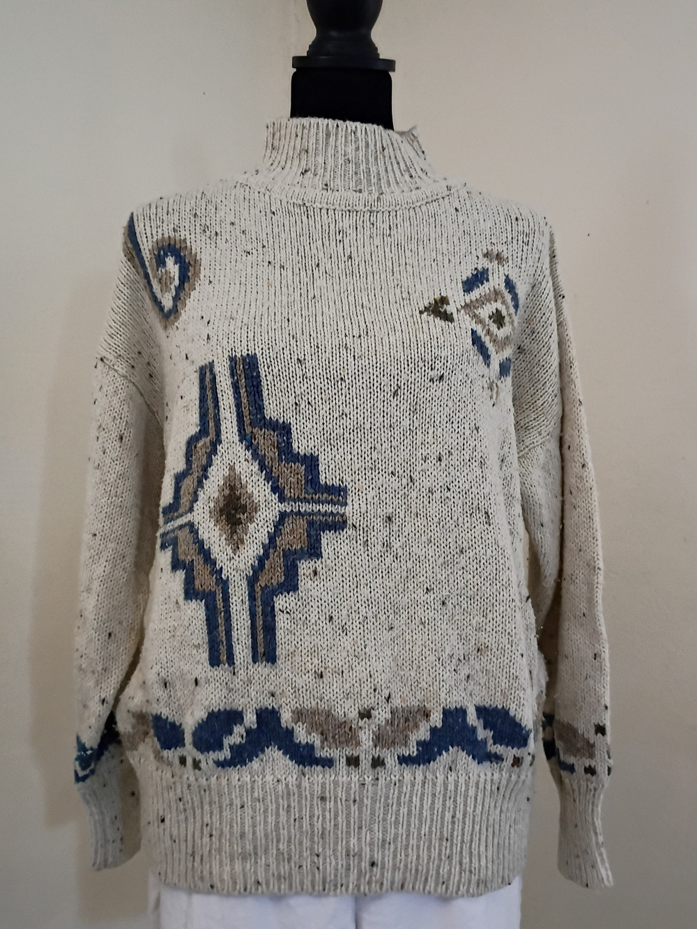 Women's Vintage Cream Speckled Cowl Neck Sweater with Blue & Brown Pattern